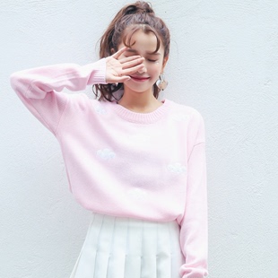 新款长袖圆领套头粉色韩版毛衣女秋冬宽松短款外套显瘦针织衫学生