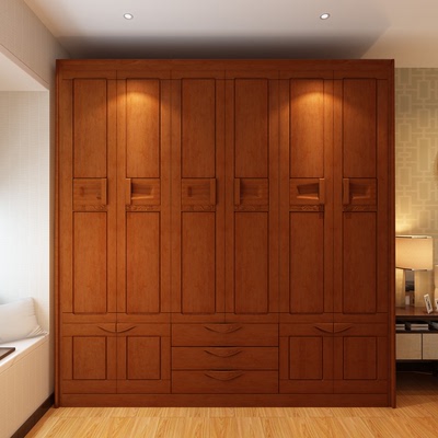 现代中式简约木质衣柜6门5门4 门简易卧室实木家具雕花推拉门组装