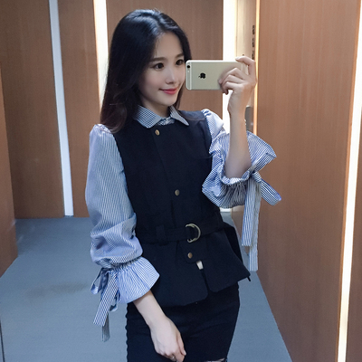 2016秋装新款韩版女式灯笼袖拼接马甲假两件长袖衬衫外套HZ0303