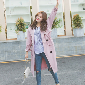 秋季韩国风衣女式中长款粉色长过膝宽松收腰显瘦甜美春秋外套学生