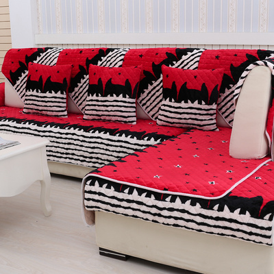 冬季加厚防滑短毛绒沙发垫布艺坐垫实木皮沙发坐垫红色沙发巾套罩