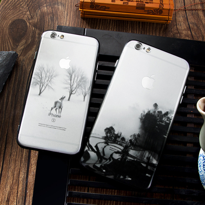 苹果6手机壳山水墨画半透明iphone6splus手机壳文艺全包软边硬壳