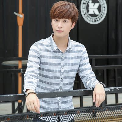 秋季男士格子长袖衬衣修身韩版青年衬衫休闲时尚男装潮