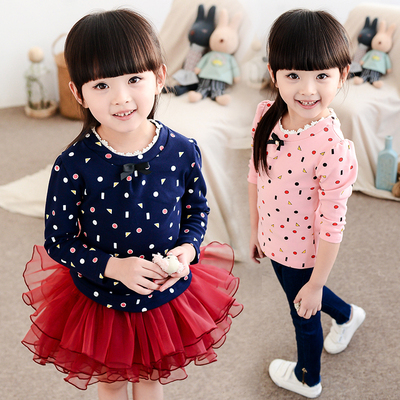 女童打底衫2016春秋韩版童装儿童时尚圆领几何图形印花长袖打底衫