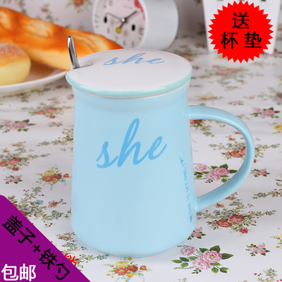 陶瓷杯子简约创意情侣水杯大容量喝水马克杯咖啡牛奶杯带盖勺英伦