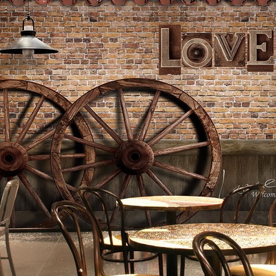 复古木纹轮大型壁画咖啡西餐厅网咖酒吧主题墙纸酒吧KTV做旧壁纸