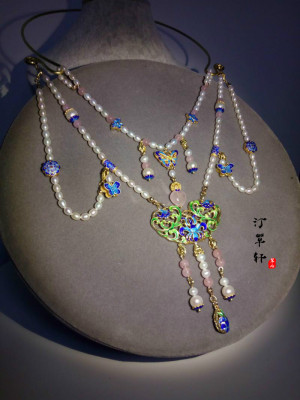 草儿家：原创纯银烧蓝淡水珍珠璎珞项圈 项链