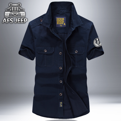 AFS JEEP夏季男士纯棉衬衣休闲工装大码战地吉普纯色薄款短袖衬衫