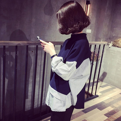 2016春秋韩版薄款宽松显瘦竖条纹拼接学生长袖衬衫上衣套头卫衣女
