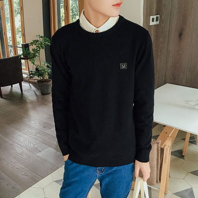 2016秋冬 韩版男士纯色贴布圆领套头针织衫 港仔学生薄款打底毛衣