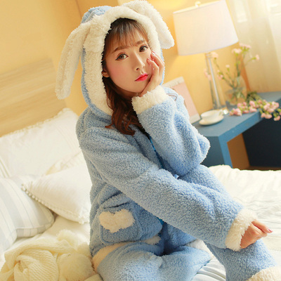 韩版冬季可爱少女睡衣闺蜜装长毛绒套装可爱卡通法兰绒加厚家居服