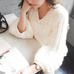 韩版2016秋季新款棒针七分袖毛线针织衫女保暖灯笼袖短款套头毛衣