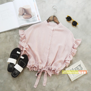 夏季新款荷叶边系带收腰粉色立领短袖衬衫宽松短款衬衣棉麻上衣女