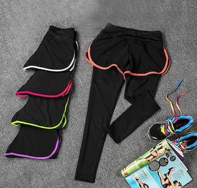 韩国运动裤女跑步速干健身紧身弹力舞蹈假两件九分瑜伽裤舞蹈裤