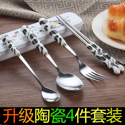 创意骨瓷小熊陶瓷不锈钢筷叉勺子学生布袋便携式餐具三件套装盒装