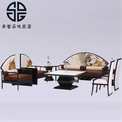 新中式布艺古典沙发组合样板房复古卡座水曲柳后现代客厅实木家具