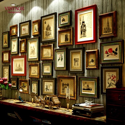 奢华复古实木美式照片墙相框客厅相片挂墙做旧欧式超大组合装饰画