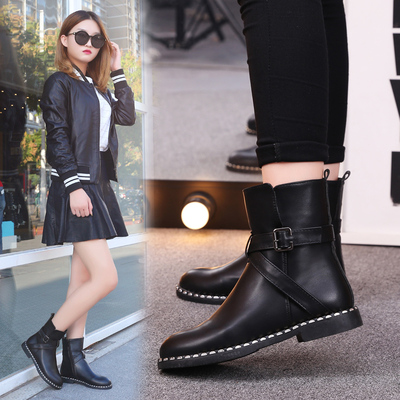 2016秋冬新款韩版铆钉女单靴子黑色马丁靴圆头低跟骑士靴平跟短靴