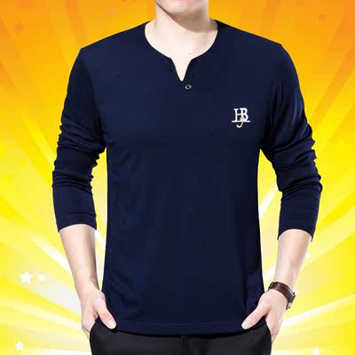 夏季皮尔卡丹秋季男士长袖t恤纯棉圆领修身纯色青中年薄款打底衫