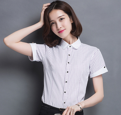 职业衬衫女短袖韩版修身条纹半袖衬衣白色工装大码OL通勤女士衬衣