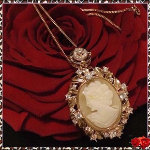 西洋古董首饰925银镀玫瑰金镶嵌西德贝雕cmeo美女像项链