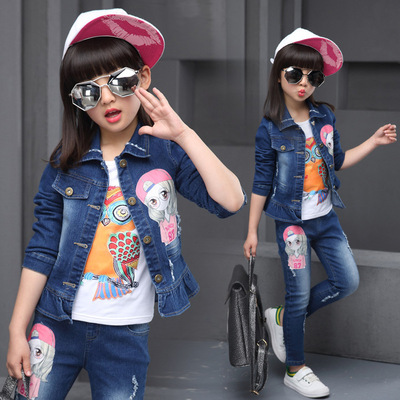 2016春季新款大童装韩版孩子衣服女童时尚两件套儿童春装牛仔套装