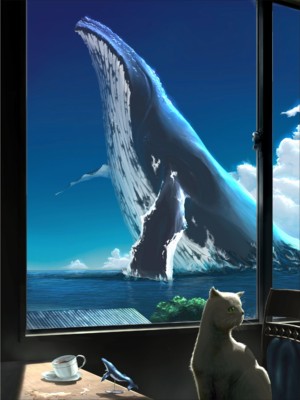 夏天海边鲸鱼与猫咪挂画壁画无框画装饰画4030尺寸松木内框包邮
