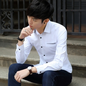 秋冬新品韩版修身男士衬衫装男生白色长袖休闲男款格仔非正式衬衫