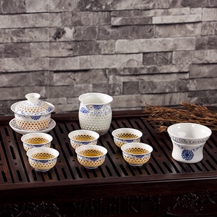 青花瓷白金蜂窝水晶玲珑茶具蜂巢 镂空功夫茶具套装个性盖碗包邮