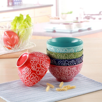 家用碗套装5只装陶瓷碗日式和风餐具五彩碗米饭碗陶瓷家用高脚碗