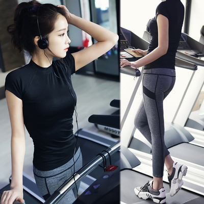 韩国代购瑜伽服上衣女短袖T恤跑步运动健身服夏季速干紧身T恤显瘦