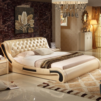皮床1.8米 真皮床双人床婚床软床1.5米现代简约皮艺床时尚卧室