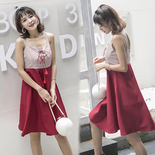 夏季韩国独立设计 釉砖红色 格子面料拼接娃娃式高腰吊带连衣裙