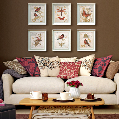 蝴蝶小鸟现代简约清新欧式装饰画沙发背景墙客厅餐厅会所六联有框