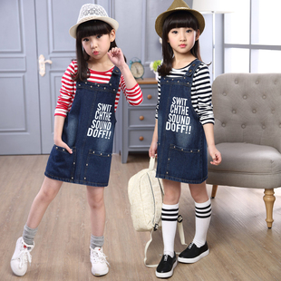 童装春款2016新款女童套装韩版中大童儿童背带牛仔裙两件套套裙