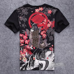 2016中国风刺绣鲤鱼纹身T恤日本浮世绘潮夏装宽松肥佬男装短袖衫