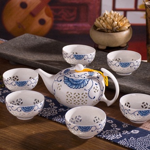 景德镇高档青花玲珑瓷整套功夫茶具 陶瓷茶具套装茶杯提梁壶7件
