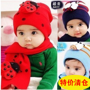 包邮韩版儿童婴儿秋冬新款甲壳虫瓢虫宝宝毛线帽子围巾两件套