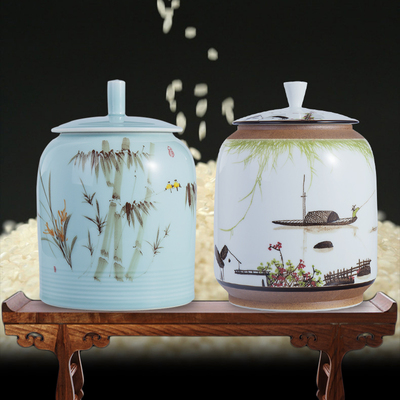 景德镇手绘陶瓷米缸10斤带盖酒缸米桶储物罐高白泥米桶米箱防潮