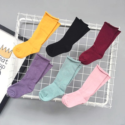彩虹童装 韩国男女童宝宝纯棉卡通卷边中筒袜纯色堆堆袜 儿童棉袜