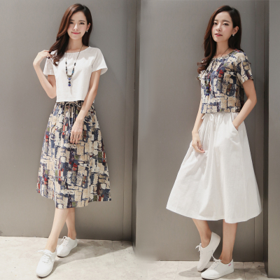 2016夏季新款韩版棉麻上衣中长款宽松连衣裙女长袖亚麻两件套装潮
