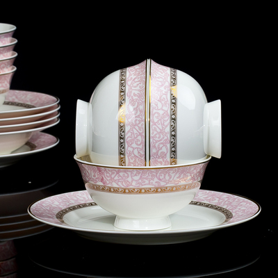 景德镇陶瓷器56头高档骨瓷餐具套装金边中式碗碟套装碗盘送礼正品
