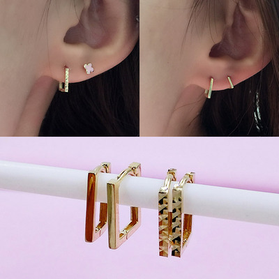 韩国正品代购14K/10K黄金耳钉 简约长方形立体耳扣耳圈耳环