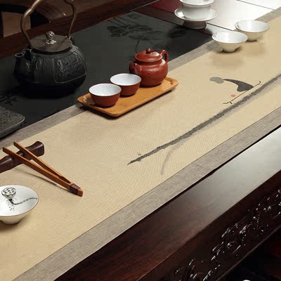 手绘中式复古禅意茶席油麻茶垫茶具桌旗茶道配件棉麻布艺干泡席