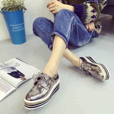 诺曼迪2016新款单鞋女 韩版漆皮厚底松糕跟坡跟女鞋休闲鞋学生鞋