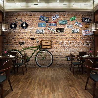3D复古砖墙大型壁画咖啡餐厅酒吧KTV墙纸无缝墙布背景墙车牌壁纸