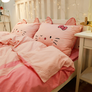 【萌~是一种态度】猫咪KT床品套件纯色全棉床单四件套 双人床1.8m