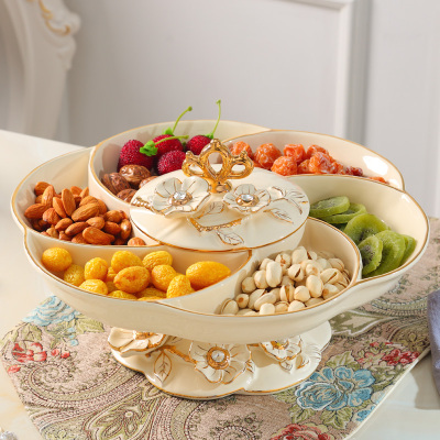 欧式果盘套装创意家居客厅茶几装饰品摆件陶瓷水果盘可旋转干果盘