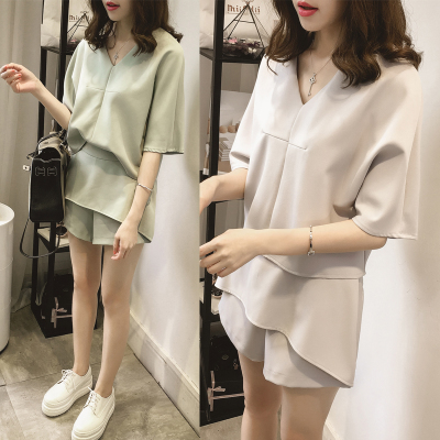 2016夏季新款时尚女装韩版小香风短袖雪纺上衣休闲短裤裙两件套装