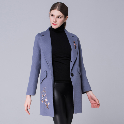 2016中国风新款秋冬女士刺绣高端羊毛呢子外套中长款显瘦修身大衣